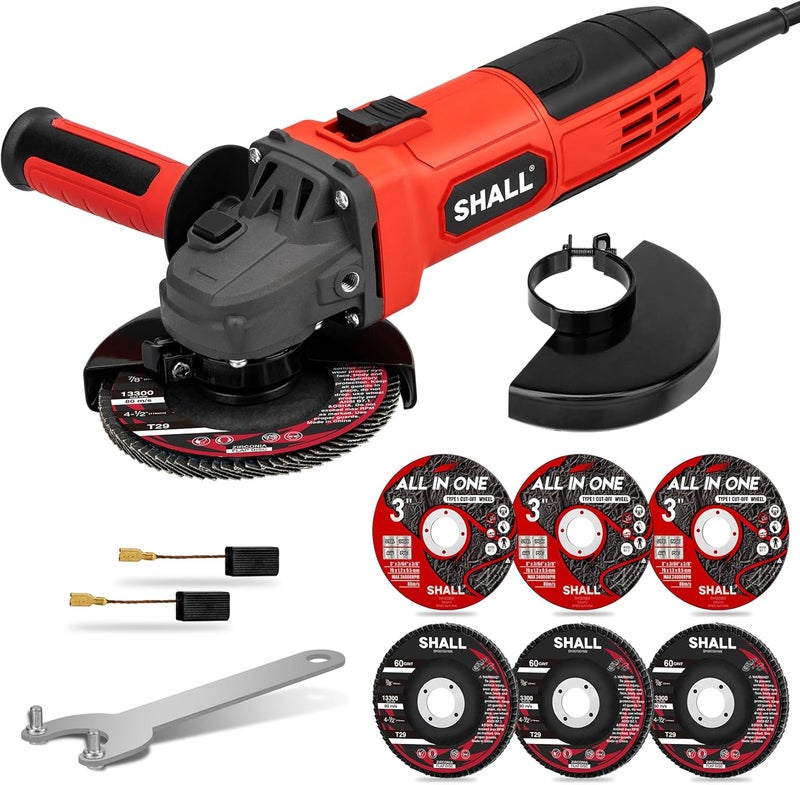 SHALL 4-1/2 Inch 11000 RPM Angle Grinder 4Amp with 2 Guards, 3 Cutting Discs, 3 Grinding Wheel, Non-Slip Handle, Wrench and Carbon Brush for Metal and Wood - Image 1